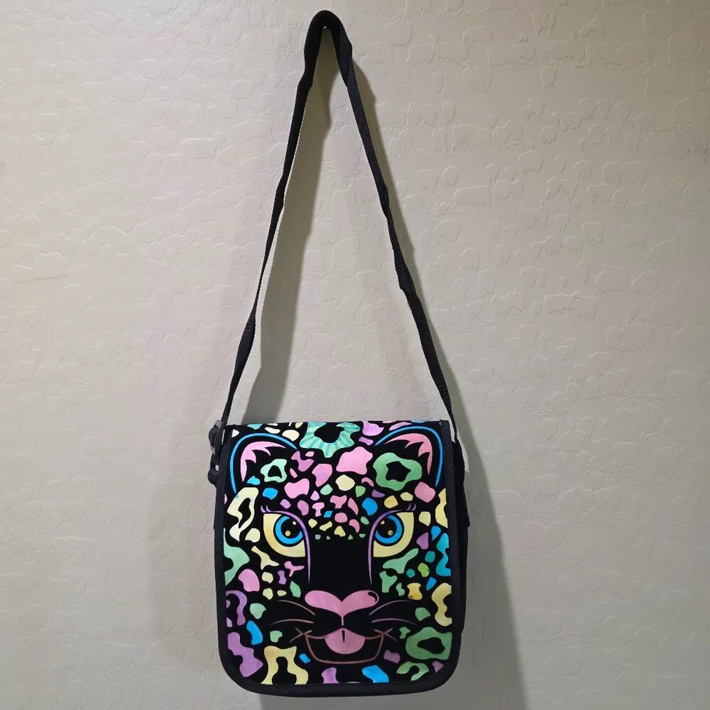 Peachtree Playthings Black Velvet Canvas Neon LION CAT Messenger Crossbody Bag
